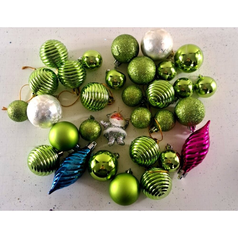 Miniature Christmas Ornament Lot Of 30 Metallic Green Jewel Tone Balls Santa
